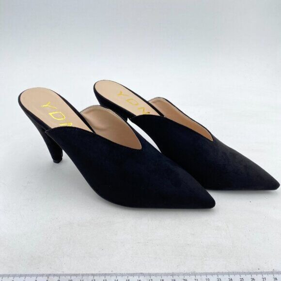 YDN Black Suede Cone Heel Pointed Toe Slide Mules Slip on V Cut Slide Sandals - Picture 4 of 8